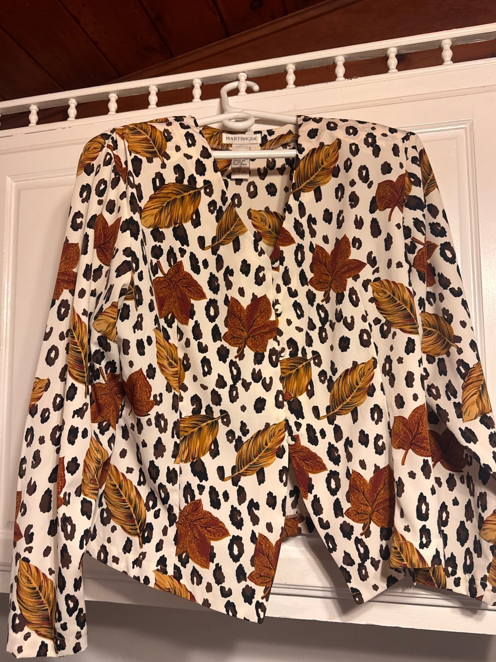 vintage Martinique blouse white base with a leopard overlaid brown autumn leaves
